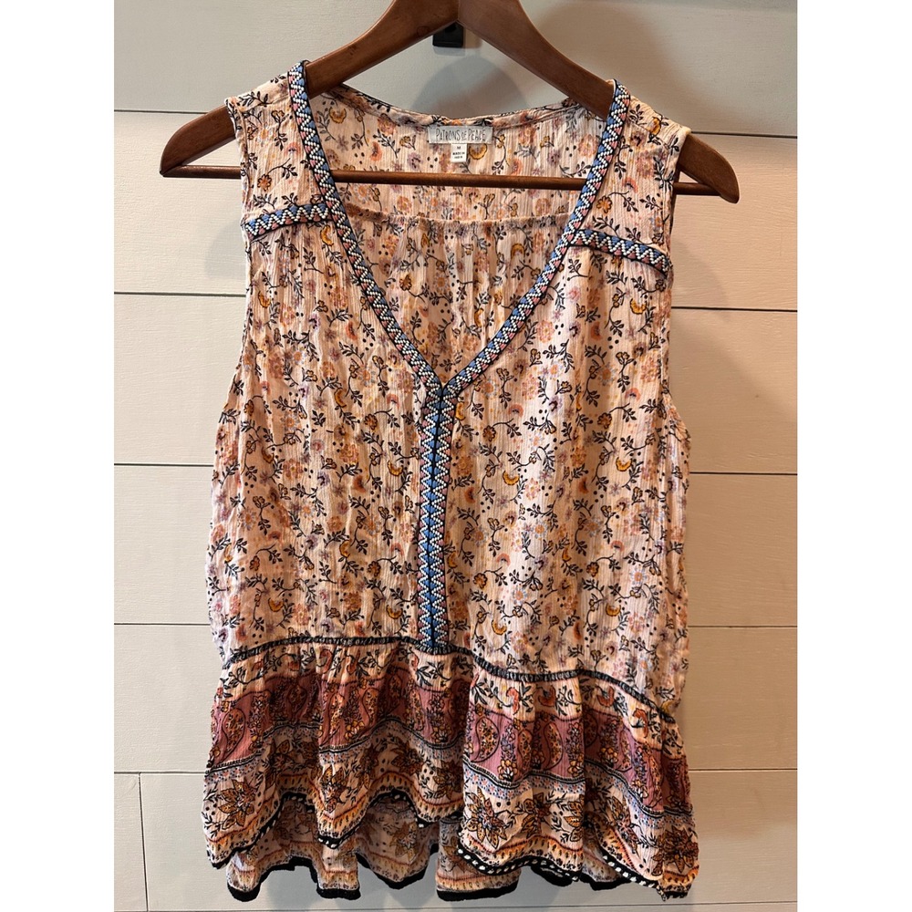 Patrons of Peace Floral Paisley Peplum Tank Top V-Neck Boho Rayon Pink Medium